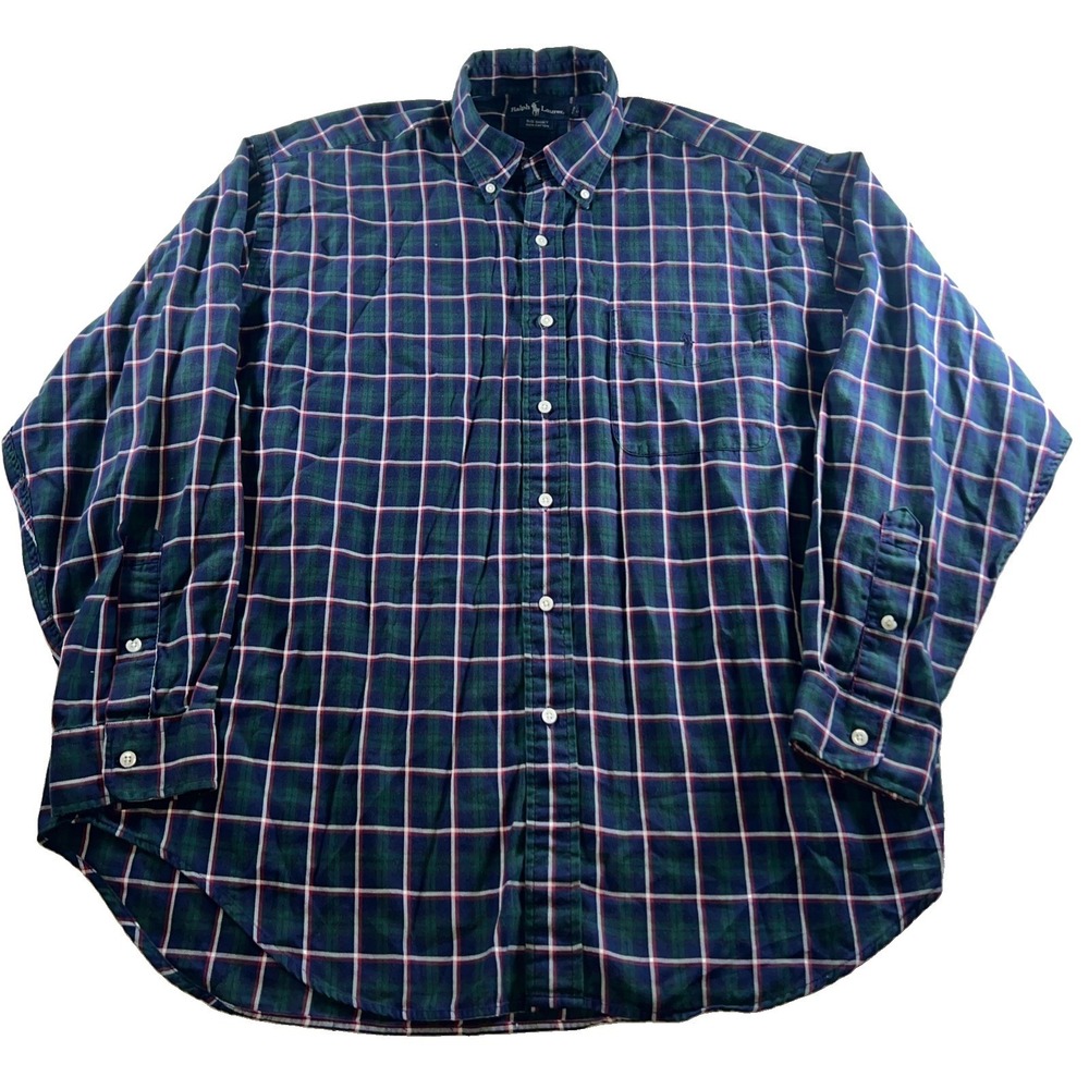 Vintage Polo Ralph Lauren Big Shirt Large Green Navy Plaid Cotton‎ Button Down